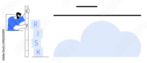 Risk management, data analysis, decision-making, cloud computing, strategy planning, business solutions. Person measuring stacked blocks spelling risk under a cloud. Risk management and data analysis