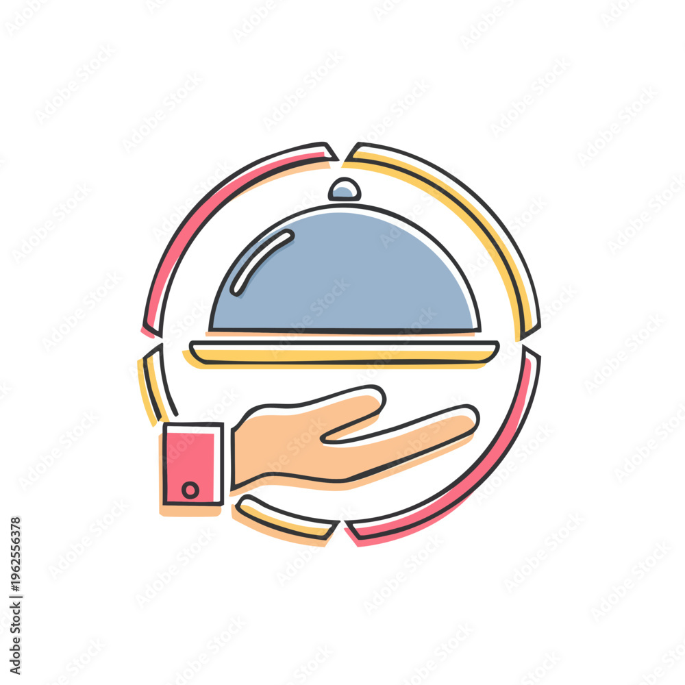 Fototapeta premium A stylized icon of a hand offering a covered dish within a circular frame