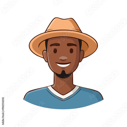 Friendly man with a hat and a blue shirt smiles warmly in a cartoon style