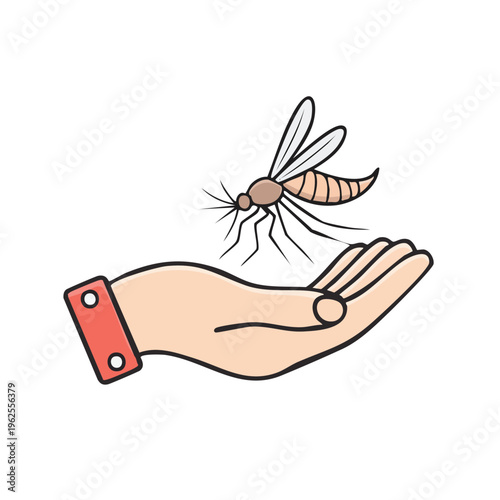 Hand with a mosquito on palm, cartoon style, illustration