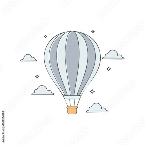 Simple illustration of a hot air balloon floating among stylized clouds and stars