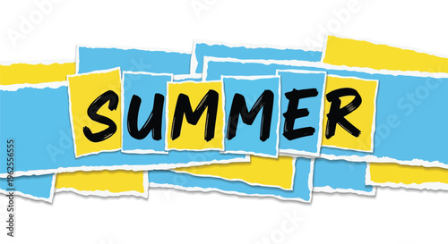 Summer Text Banner on Vibrant Blue and Yellow Torn Paper Scraps for Seasonal Marketing and Retail Sales