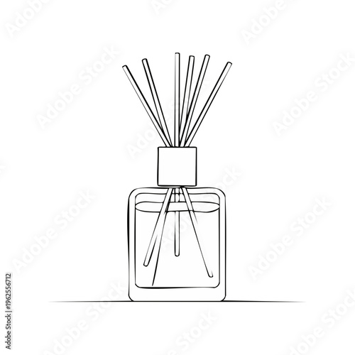 Line art illustration of a reed diffuser with sticks in a square glass bottle with liquid