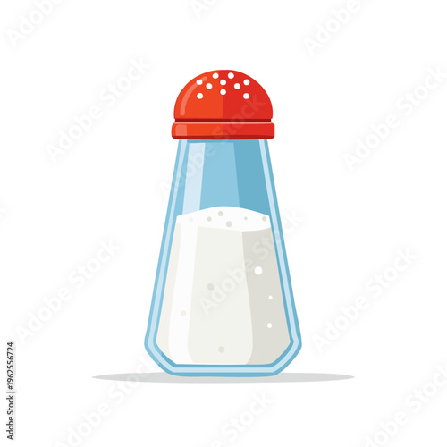 Clear glass salt shaker with red perforated lid filled with granular white seasoning