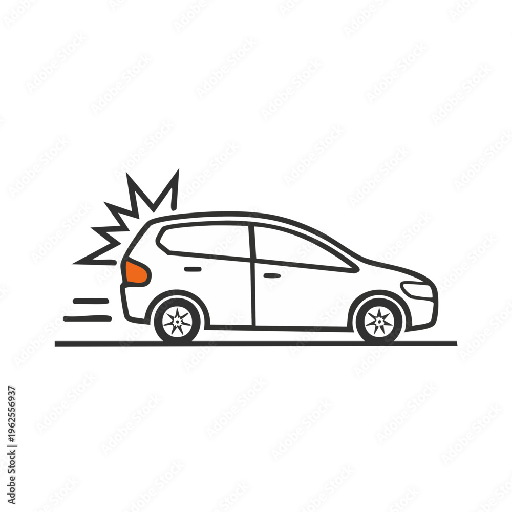 Naklejka premium Stylized Line Art Icon of a Car Experiencing Rear Impact Damage and Speed Lines