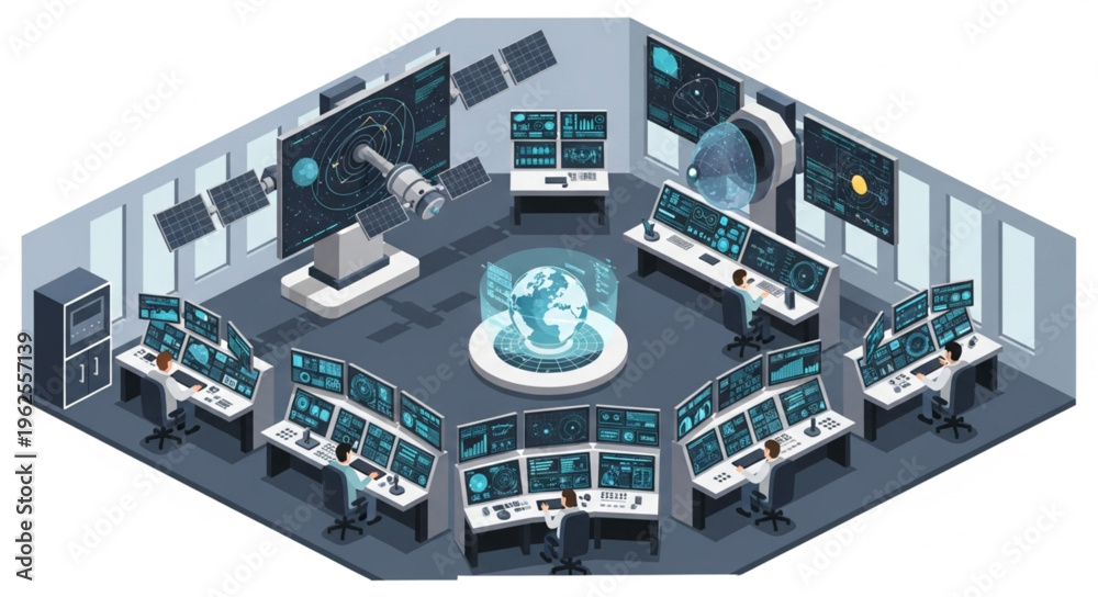 Obraz premium Isometric Control Room with Advanced Technology and Global Monitoring.