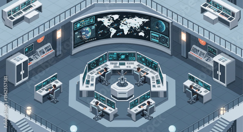 Canvastavla Isometric Control Room - A High-Tech Command Center Illustration.