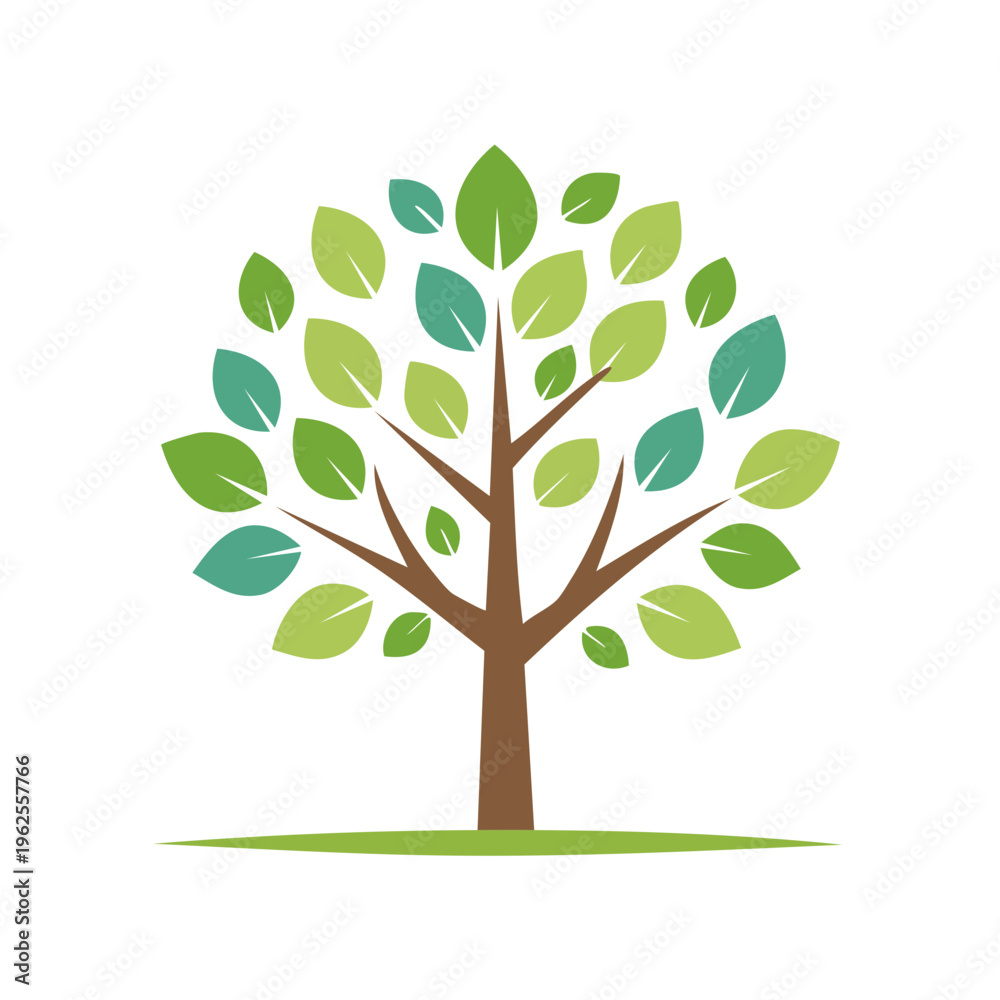Obraz premium Stylized Tree with Green and Teal Leaves on White Background