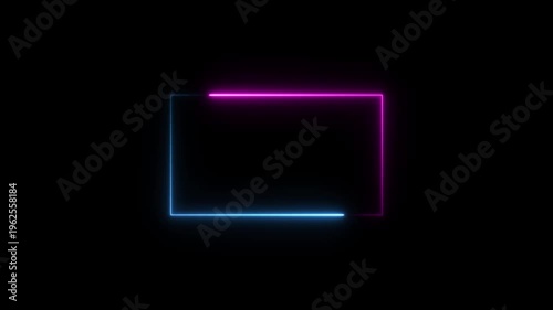 Glowing neon square frame animation. luminous banner animation. blue and red color neon box icon. Neon Figure On Black Background. 4k video..