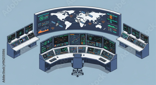 Isometric Control Room Illustration with World Map and Multiple Screens.
