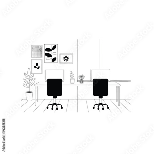 Two black office chairs with white desks and shelves in minimalist room