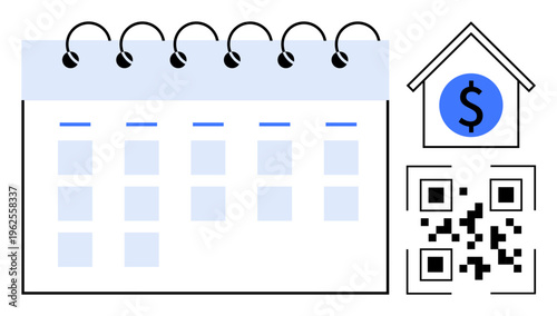 Financial planning, real estate payments, online transactions, rent reminders, home budgeting, digital payment management. Calendar with house icon and QR code. Financial planning and real estate