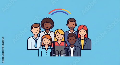Diverse group of people standing together under a rainbow.
