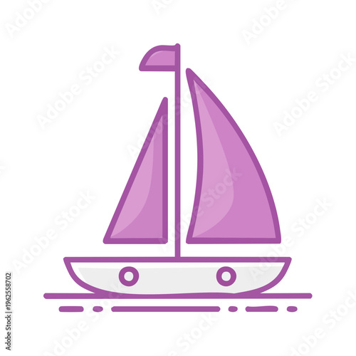 Simple purple sailboat with white hull and pink sails on calm water