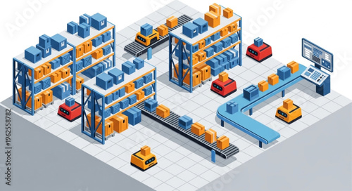 Automated Warehouse System with Conveyor Belts and Autonomous Robots.