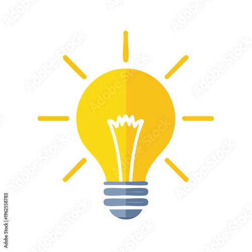 Bright yellow light bulb with radiating light beams symbolizing inspiration and new ideas