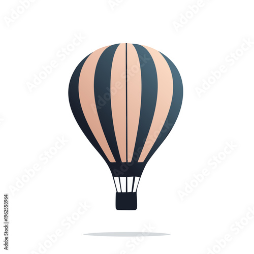 Stylized striped hot air balloon with basket on white background