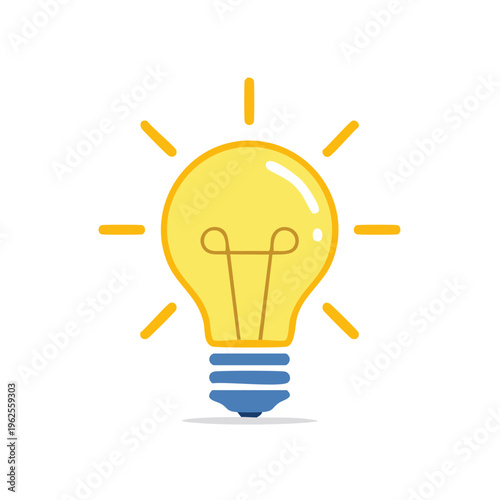 Glowing yellow light bulb symbolizing bright ideas and innovation with radiating lines