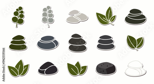 Collection of spa stones and green leaves icons, representing balance, zen, and nature for wellness and relaxation concepts