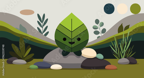Cute cartoon leaf character sitting on rocks in a serene natural landscape with plants and rolling hills
