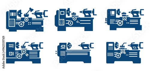 Set of six vector lathe machines, industrial equipment icons.