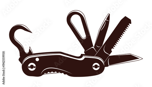 Versatile multi tool pocket knife vector silhouette on transparent background.