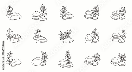 Aquarium decoration elements line art set. Simple outline illustrations of rocks, stones, and aquatic plants for fish tank or underwater design.