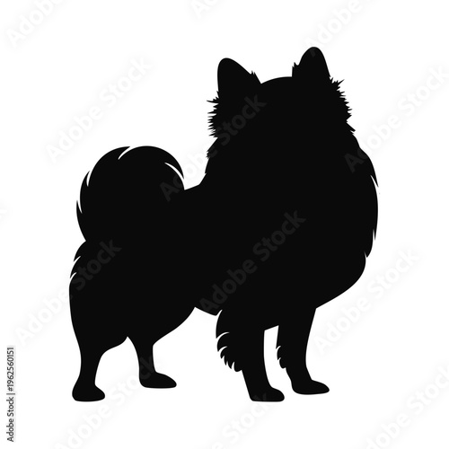 Fluffy dog silhouette standing, full body view, tail curled up