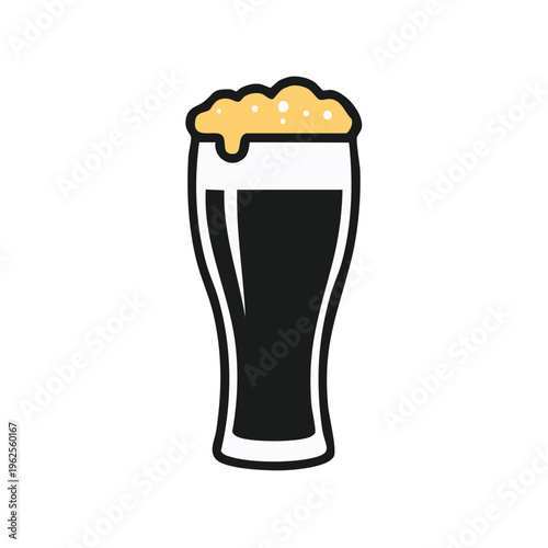 Stylized dark beer in a tall glass with foamy head isolated on white background