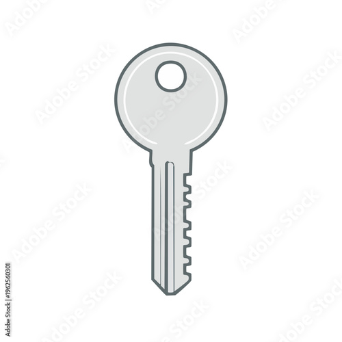 Simple flat icon of a silver key with a round head and serrated edge