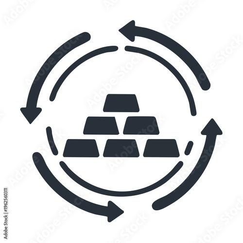 Gold bullion bars stack with circular arrows representing exchange and trading