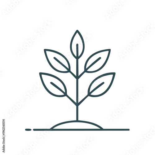 Thin line icon of a sprouting seedling with developing leaves emerging from the soil representing growth and new beginnings