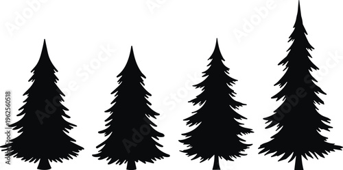 Silhouette pine trees, fir forest illustration, evergreen tree shapes, black vector nature design, woodland landscape art, isolated conifer outlines