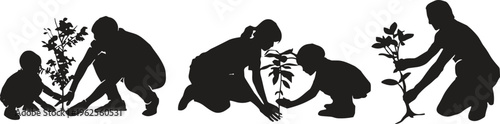 Silhouettes of adults and children planting saplings, environmental care, intergenerational cooperation, nature conservation, eco education vector artwork design