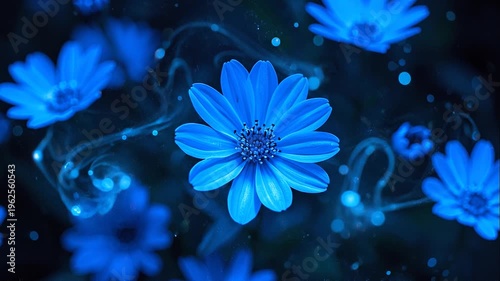 Vibrant blue flowers with luminous accents glow against a dark background, creating a magical, underwater-like floral scene