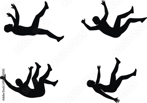 Silhouettes of human figures in falling positions, dynamic motion, free fall concept, vulnerability, chaos, artistic descent vector illustration