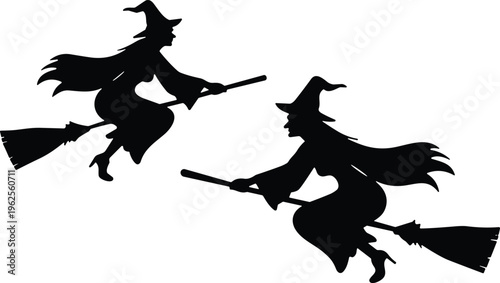 Silhouettes of witches flying on broomsticks, Halloween theme, folklore magic, pointed hats, cloak costumes, spooky fantasy vector illustration artwork