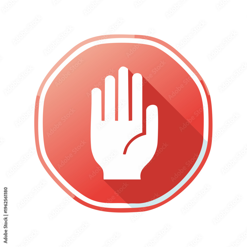 Obraz premium White open hand symbol inside a red stop circle icon with long shadow effect