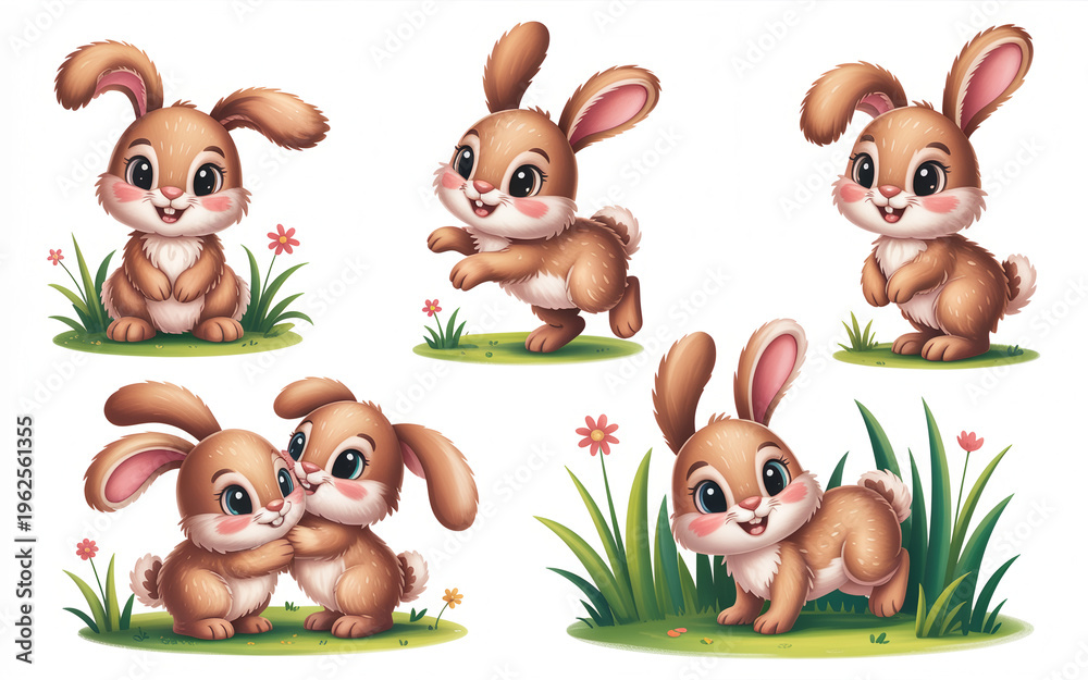 Obraz premium Cute cartoon bunny collection, set of 5 adorable brown rabbit characters in various poses, sweet woodland animal stickers for nursery decor