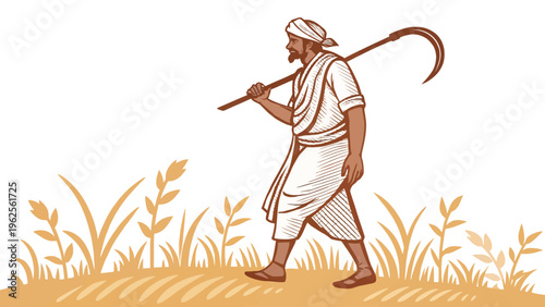 An illustration of a man walking through a field with a sickle over his shoulder