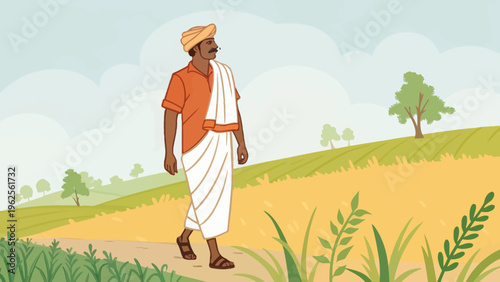 An Indian farmer walks through a serene rural landscape with fields and trees under a cloudy sky