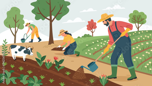 Farmers working in a field with a cow and trees in the background on a sunny day.