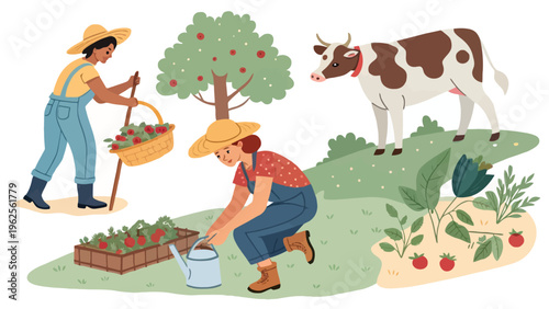 An illustration of two farmers tending to a garden with a cow and fruit tree in the background