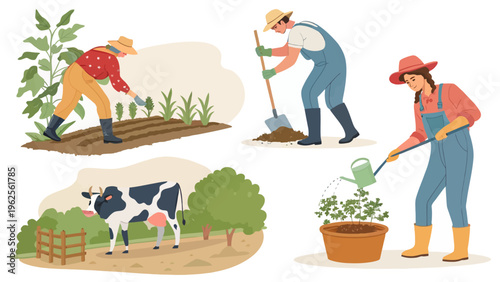 An illustration of people engaged in various farming activities such as planting, digging, and watering in a rural setting with a cow grazing in the background.
