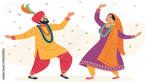 A vibrant illustration of a man and woman in traditional Indian attire dancing joyfully together