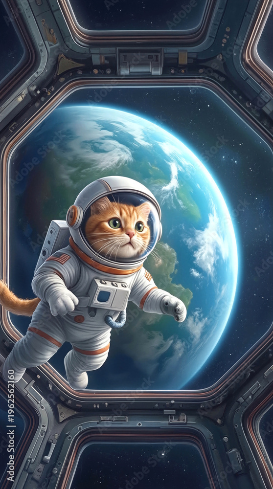 Fototapeta premium Orbiting ginger tabby cat in white spacesuit floating outside spacecraft window with planet in background. Space exploration and science fiction concept.
