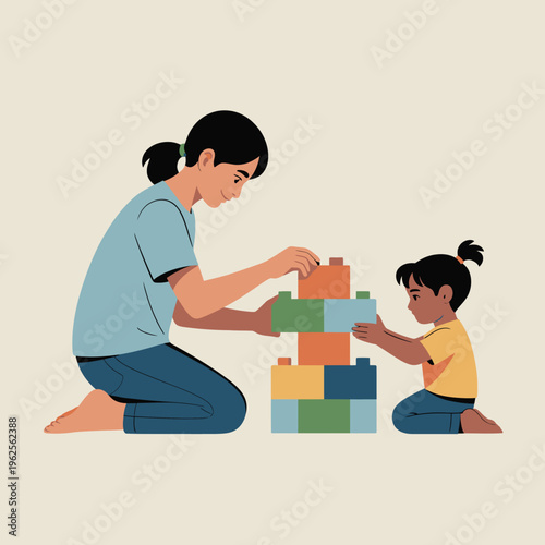 A mother and her child are sitting on the floor, engaged in building a tower with colorful blocks