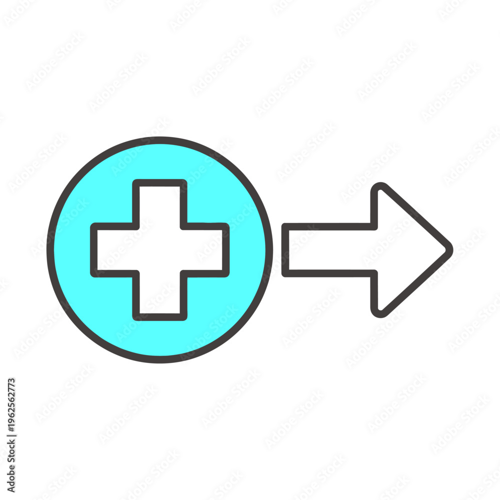 Fototapeta premium Turquoise add plus sign button with right arrow icon. Healthcare, medical, next, or expand vector graphic.