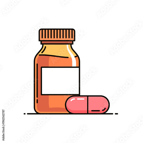 Minimalist outline icon of a medicine pill bottle with a single capsule. Healthcare, pharmacy, medical treatment, and wellness illustration.