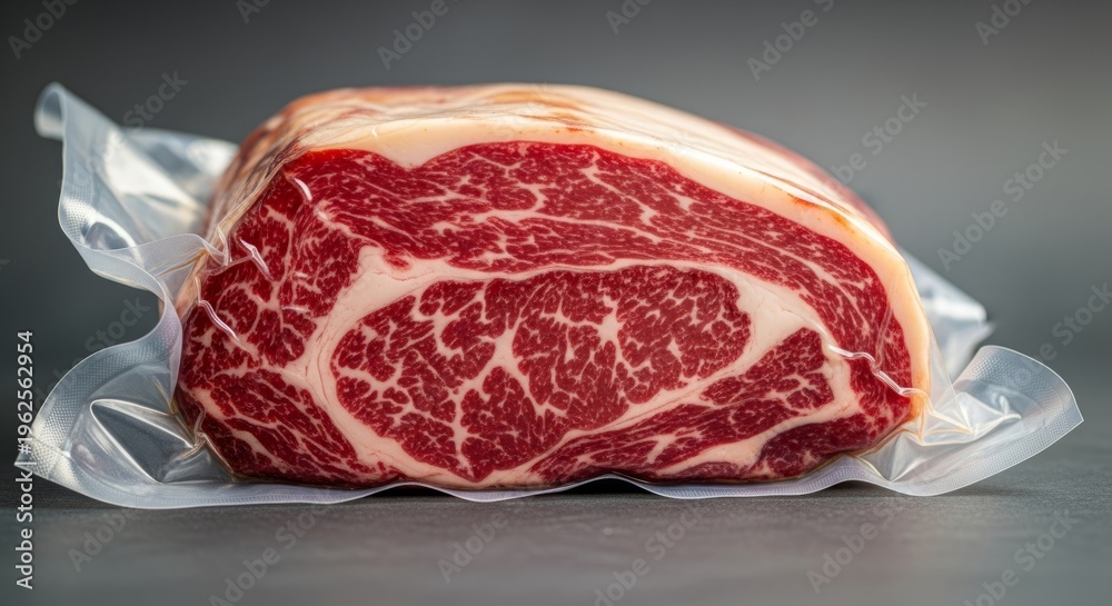 Obraz premium High-quality marbled beef steak in vacuum-sealed packaging